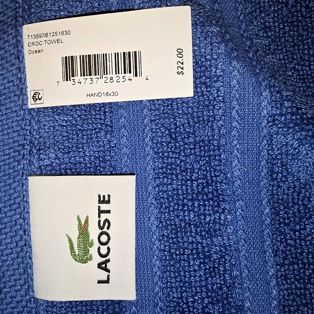 Lacoste Croc Hand Towel Color Ocean Blue 16"x30" set of 4 - Picture 2 of 4
